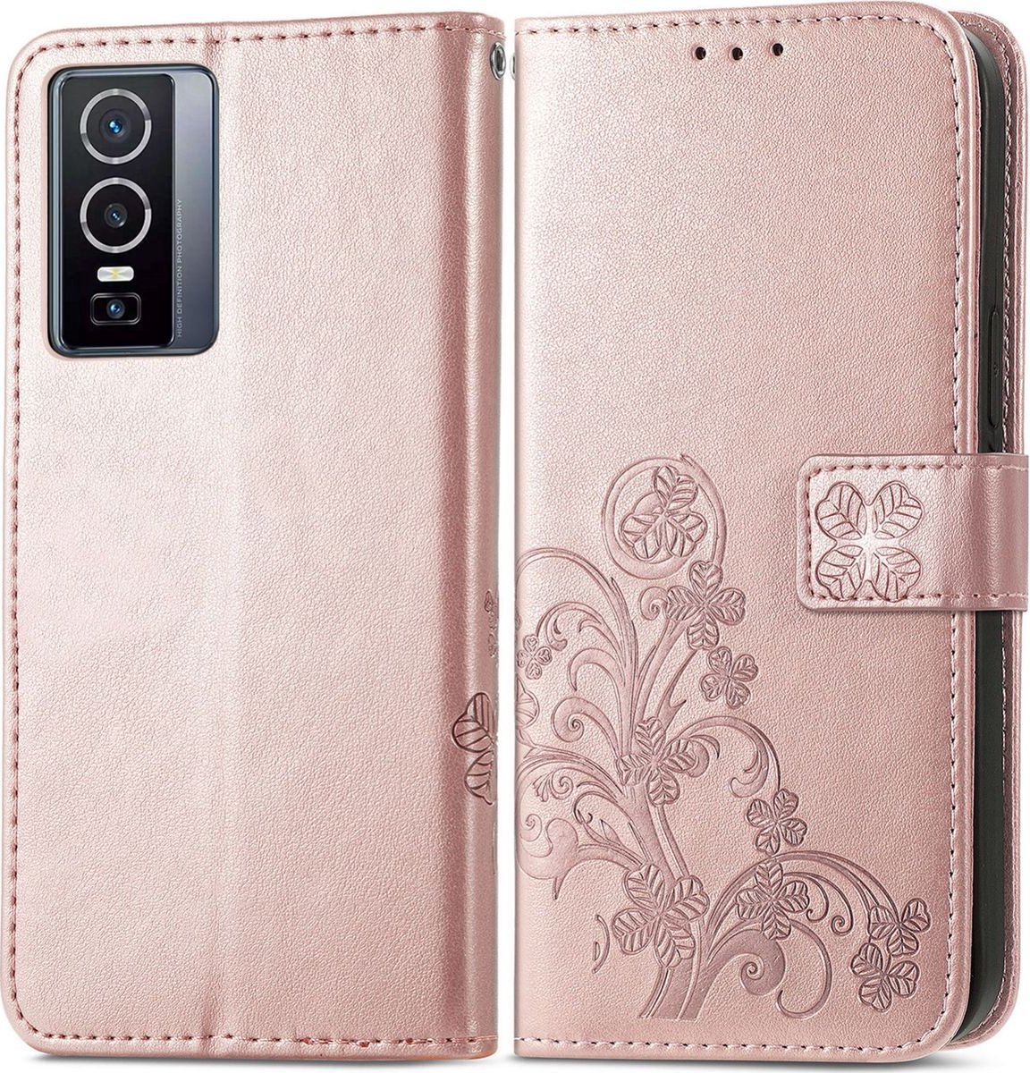 Mobigear Telefoonhoesje geschikt voor Vivo Y76 Hoesje | Mobigear Clover Bookcase Portemonnee | Pasjeshouder voor 3 Pasjes | Telefoonhoesje voor Pinpas / OV Kaart / Rijbewijs - Roségoud