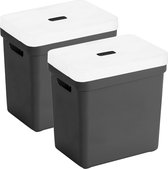 Set van 2x opbergboxen/opbergmanden zwart van 25 liter kunststof met transparante deksel 35 x 25 x 36 cm