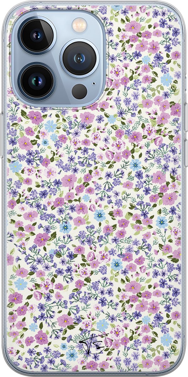 Hoesje geschikt voor iPhone 13 Pro - Paarse bloemen - Soft Case - TPU - Bloemen - Paars - Mooie Telefoonhoesjes