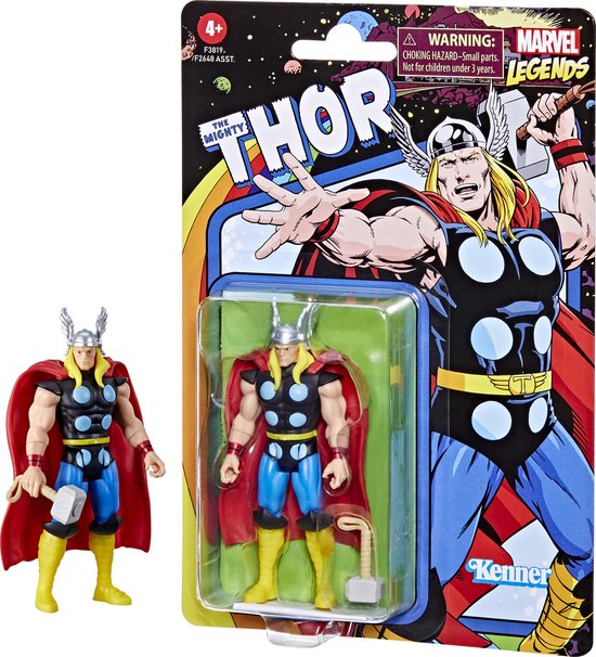 Thor actiefiguur uit de verpakking en in verpakking, met retro artwork.