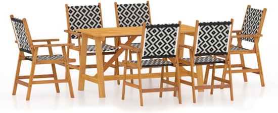 Zes zits stoelen van massief acaciahout met bruin-wit geruit zitvlak.