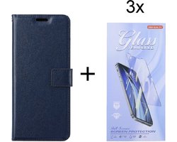 Bookcase Geschikt voor: Motorola Moto G10 / G20 / G30 Donkerblauw - portemonnee hoesje met 3 stuk Glas Screen protector - ZT Accessoires