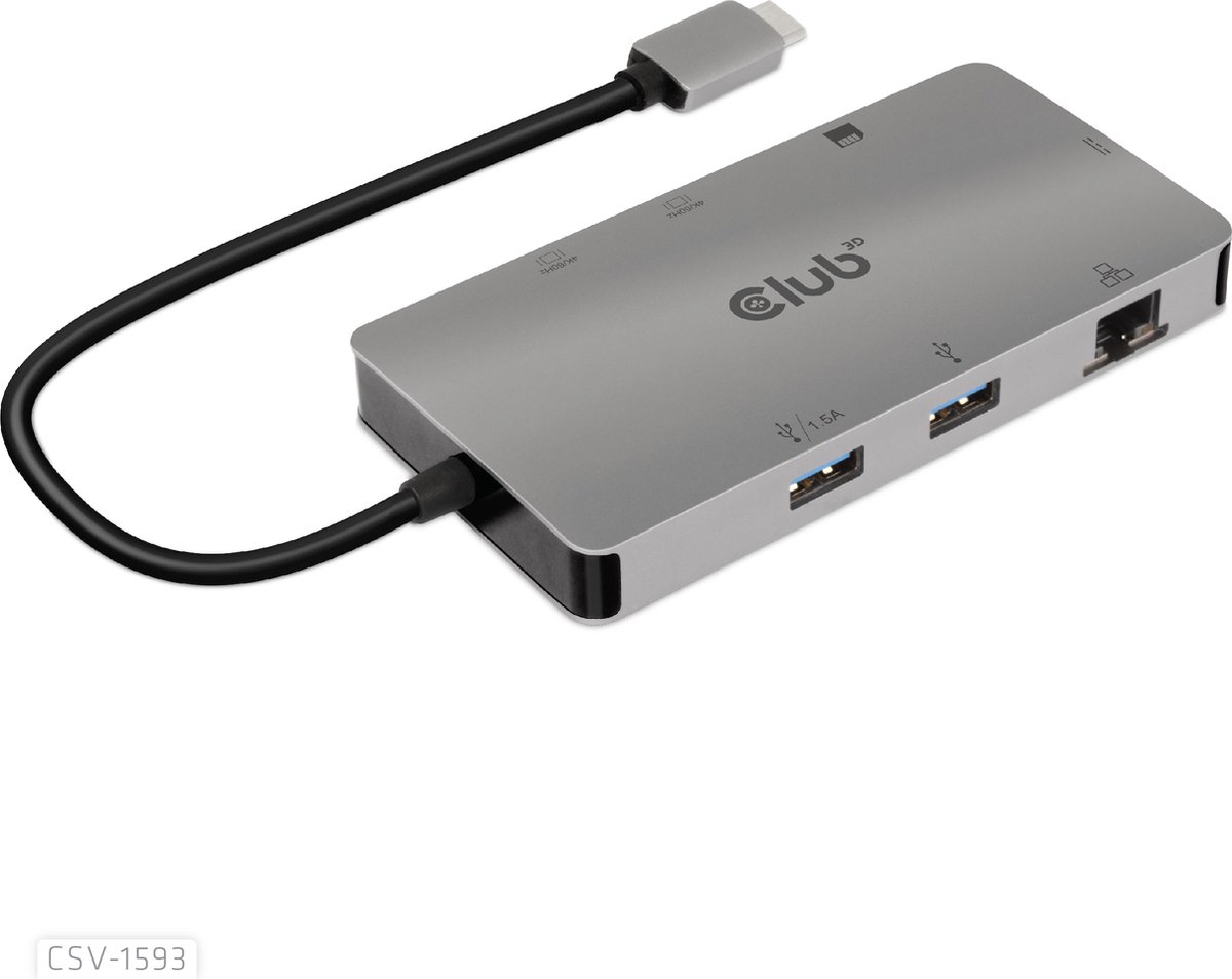 Image of CLUB3D Type-C HUB 8-in-1 met 2x HDMI ( alt modus), 2x USB-A, RJ45, SD/Micro slot en USB Type-C oplaad mogelijkheid max. 100Watt( Ook geschikt voor Apple M1 en Thunderbolt 3)