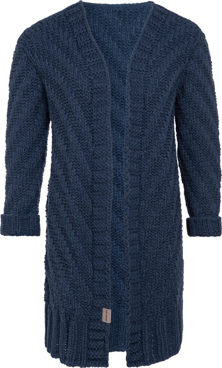 Knit Factory Sally Gebreid Dames Vest - Grof gebreid donkerblauw damesvest - Cardigan voor de herfst en winter - Middellang vest reikend tot boven de knie - Jeans - 40/42