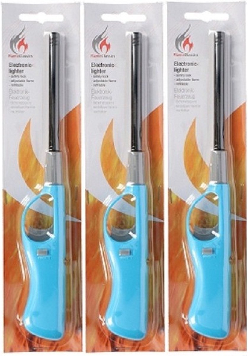 Gasaansteker - 3x - navulbaar - 26 cm - blauw - BBQ aanstekers