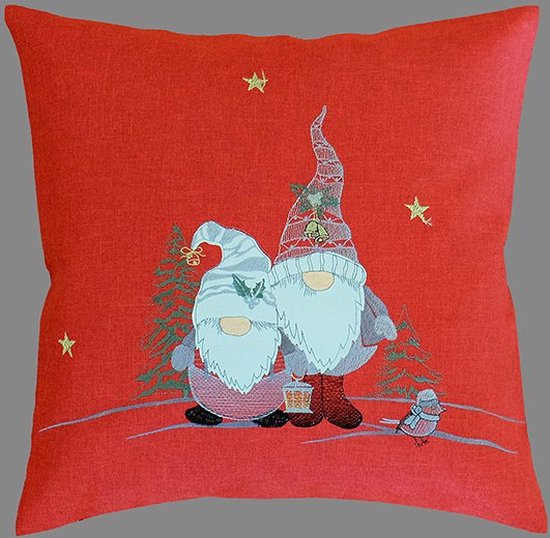 Kussenhoes - Kerst - Linnenlook - Rood met Wichtels - Gnoom - 40 x 40 cm