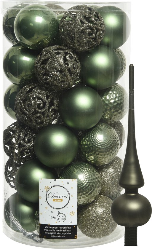 Boules de Noël en plastique D6 cm - avec visière en verre dépoli - vert mousse