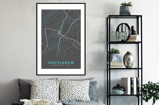 Fotolijst Incl Poster Belgi Zoutleeuw Stadskaart Kaart Blauw Plattegrond Bol