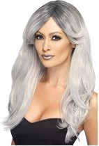 Smiffys carnaval verkleed heksen pruik voor dames grijs lang haar