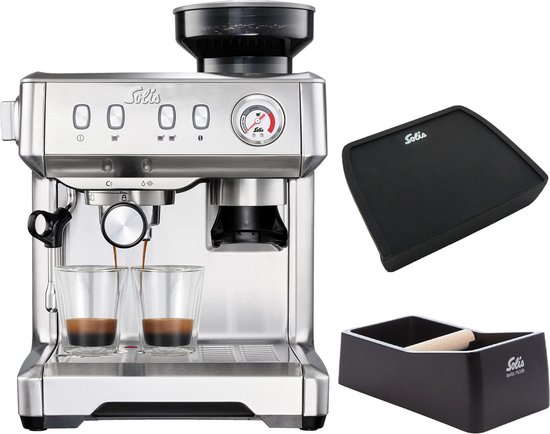 Solis Grind & Infuse Compact 1018 Pistonmachine - Espressomachine - Inclusief Coffee Knock-Box en Tamping Mat - Zilver