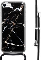 Casimoda® - iPhone SE (2020) hoesje met koord - Marmer zwart - Afneembaar koord - Siliconen/TPU