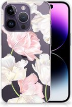 GSM Hoesje Geschikt voor iPhone 14 Pro Back Case TPU Siliconen Hoesje Doorzichtig Mooie Bloemen