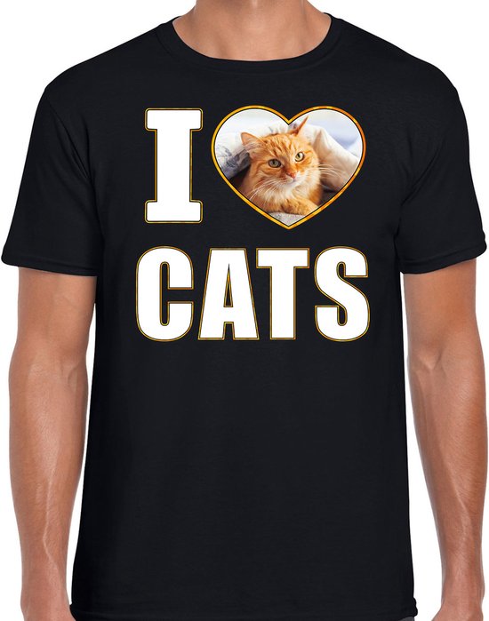 I love cats t-shirt met dieren foto van een rode kat zwart voor heren - cadeau shirt katten liefhebber L