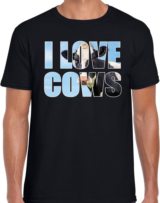 Tekst shirt I love cows met dieren foto van een koe zwart voor heren - cadeau t-shirt koeien liefhebber S