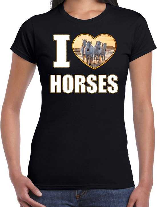 I love horses t-shirt met dieren foto van een wit paard zwart voor dames - cadeau shirt paarden liefhebber XL