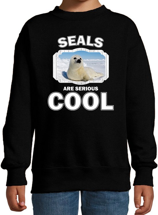 Dieren witte zeehond sweater zwart kinderen - seals are serious cool trui - cadeau zeehond/ zeehonden liefhebber - kinderkleding / kleding 134/146