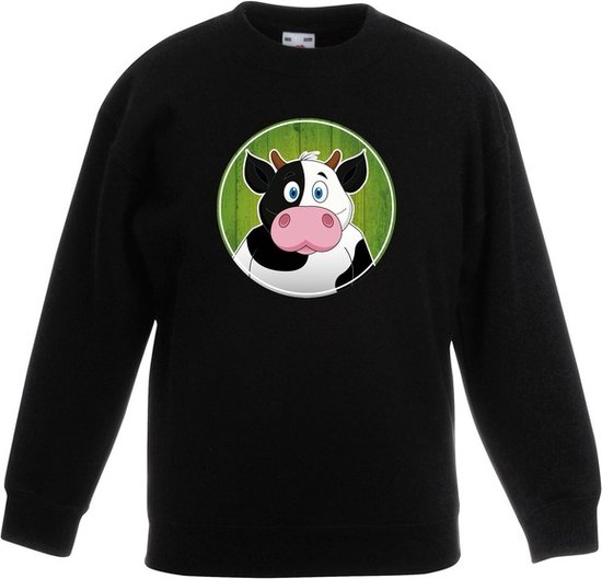 Kinder sweater zwart met vrolijke koe print - koeien trui - kinderkleding / kleding 122/128