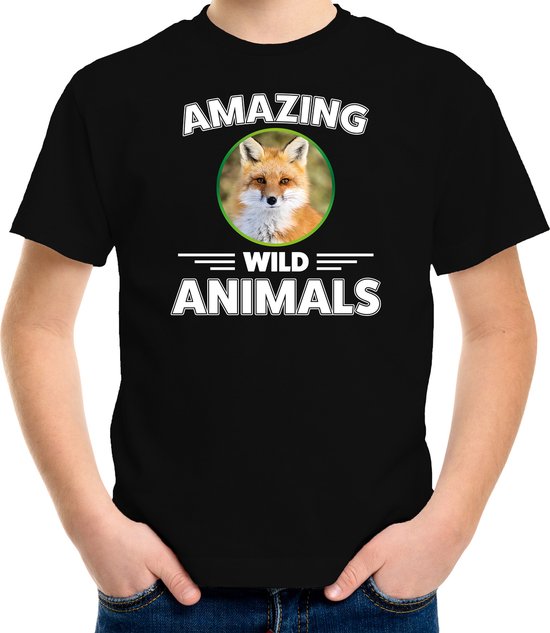 T-shirt vos - zwart - kinderen - amazing wild animals - cadeau shirt vos / vossen liefhebber 110/116
