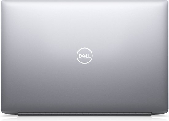 Gesloten zilveren Dell laptop met het Dell-logo op de deksel.