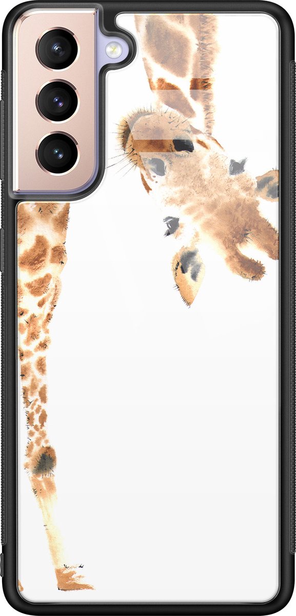 Hoesje geschikt voor Samsung Galaxy S21 - Giraffe - Luxe Glazen Hardcase - Giraffe - Bruin
