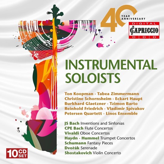 Albumhoes met een abstracte viool, geschreven 'Instrumental Soloists', 'Capriccio 40 Year Anniversary' en '10 CD SET'.