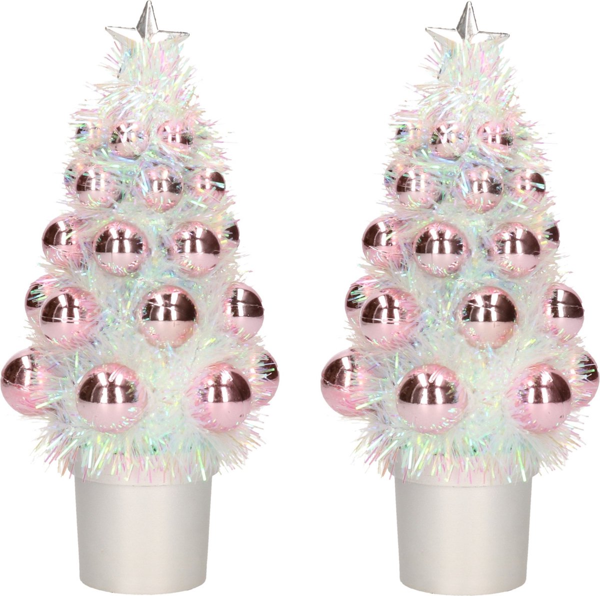 3x Mini kunst kerstboompje roze met kerstballen 19 cm - Kerstversiering - Kunstboompje