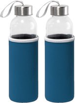 2x Stuks glazen waterfles/drinkfles met blauwe softshell bescherm hoes 520 ml - Sportfles - Bidon