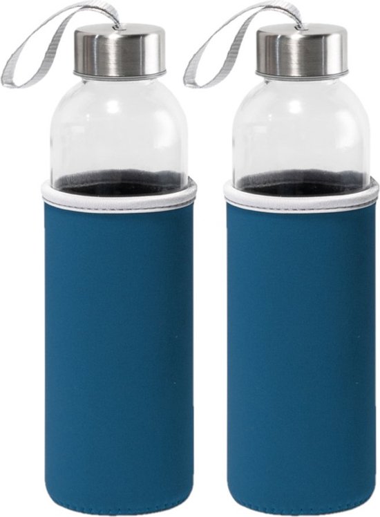 Foto: 2x stuks glazen waterfles drinkfles met blauwe softshell bescherm hoes 520 ml sportfles bidon