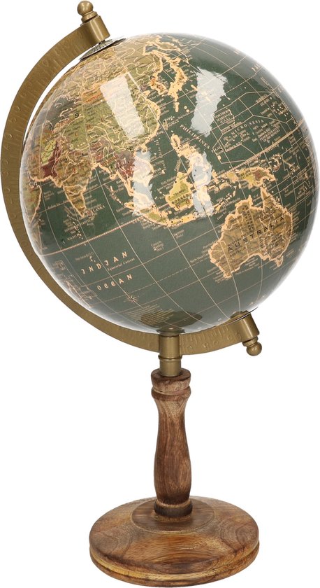 Foto: Decoratie wereldbol globe donkergroen op mangohouten voet standaard 16 x 32 cm landen contintenten topografie