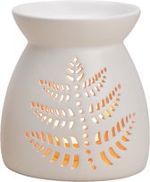 Ronde geurbrander/oliebrander met blad decoratie keramisch wit 11 x 13 cm - Waxbrander - Aromabrander - Geurbranders