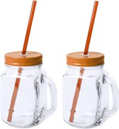 8x stuks Glazen Mason Jar drinkbekers oranje dop en rietje 500 ml - afsluitbaar - Koningsdag feest/supporters/fans artikelen