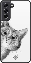 Casimoda® hoesje - Geschikt voor Samsung Galaxy S21 FE - Peekaboo Kat - Zwart TPU Backcover - Kat - Wit
