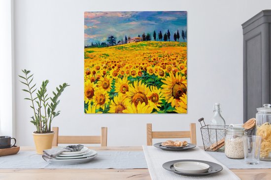 Peinture sur toile - Tournesol - Fleurs - Peinture à l'huile - Nature - Peintures sur toile - 90x90 cm - Toile nature - Décoration murale