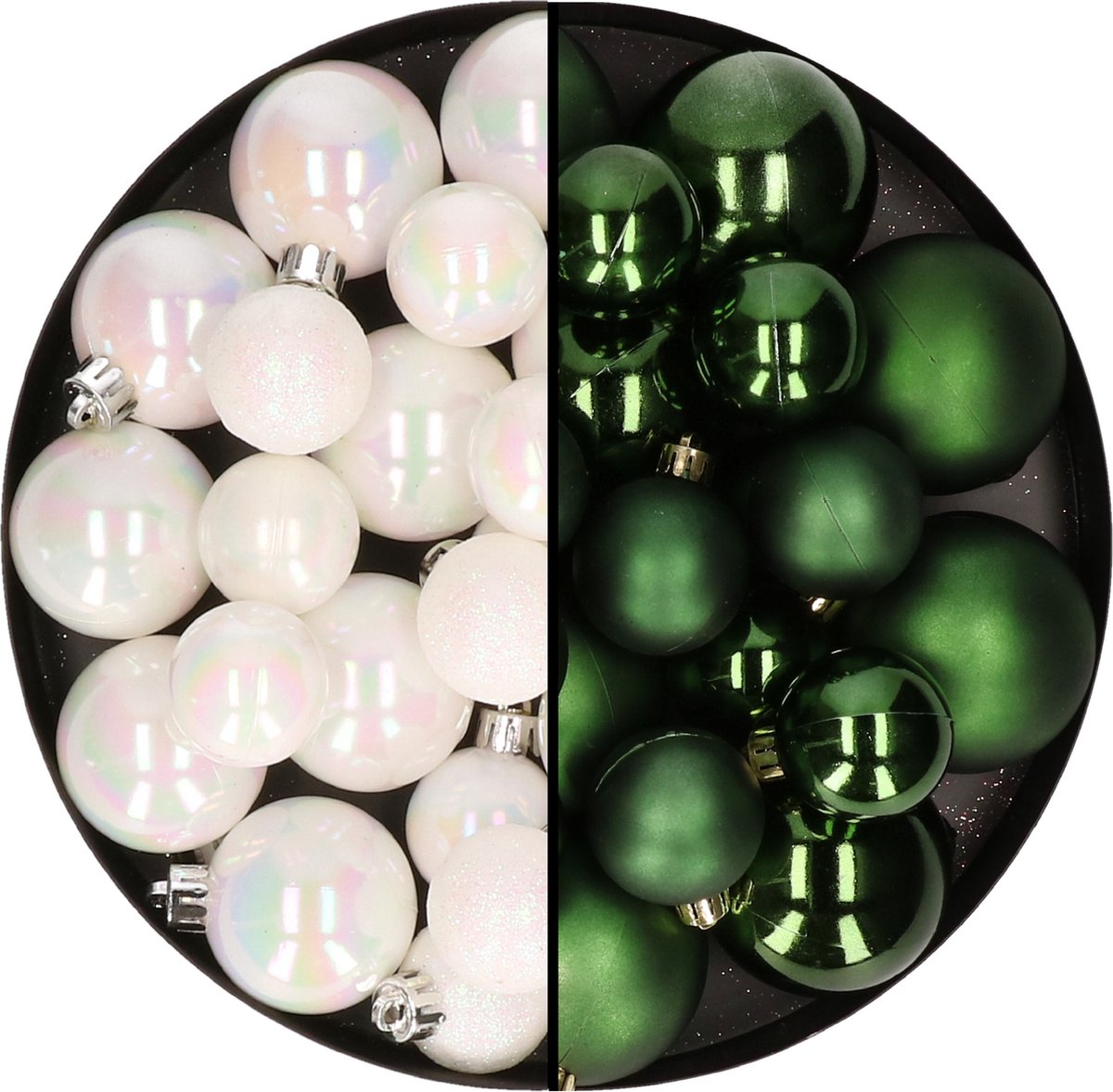 Kerstversiering kunststof kerstballen kleuren mix parelmoer wit/donkergroen 6-8-10 cm pakket van 44x stuks
