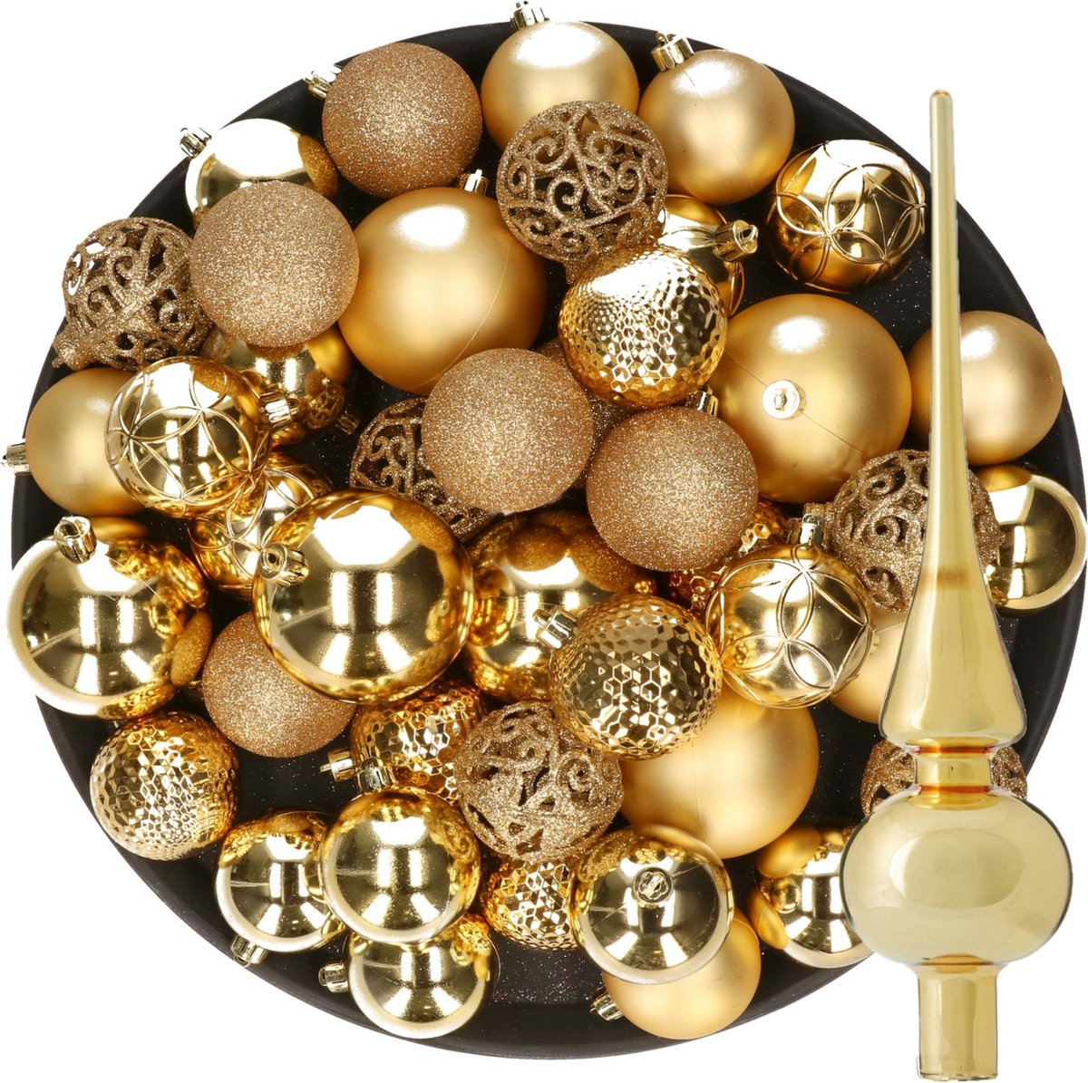 Kerstversiering kunststof kerstballen met glazen piek goud 6-8-10 cm pakket van 37x stuks - Kerstboomversiering