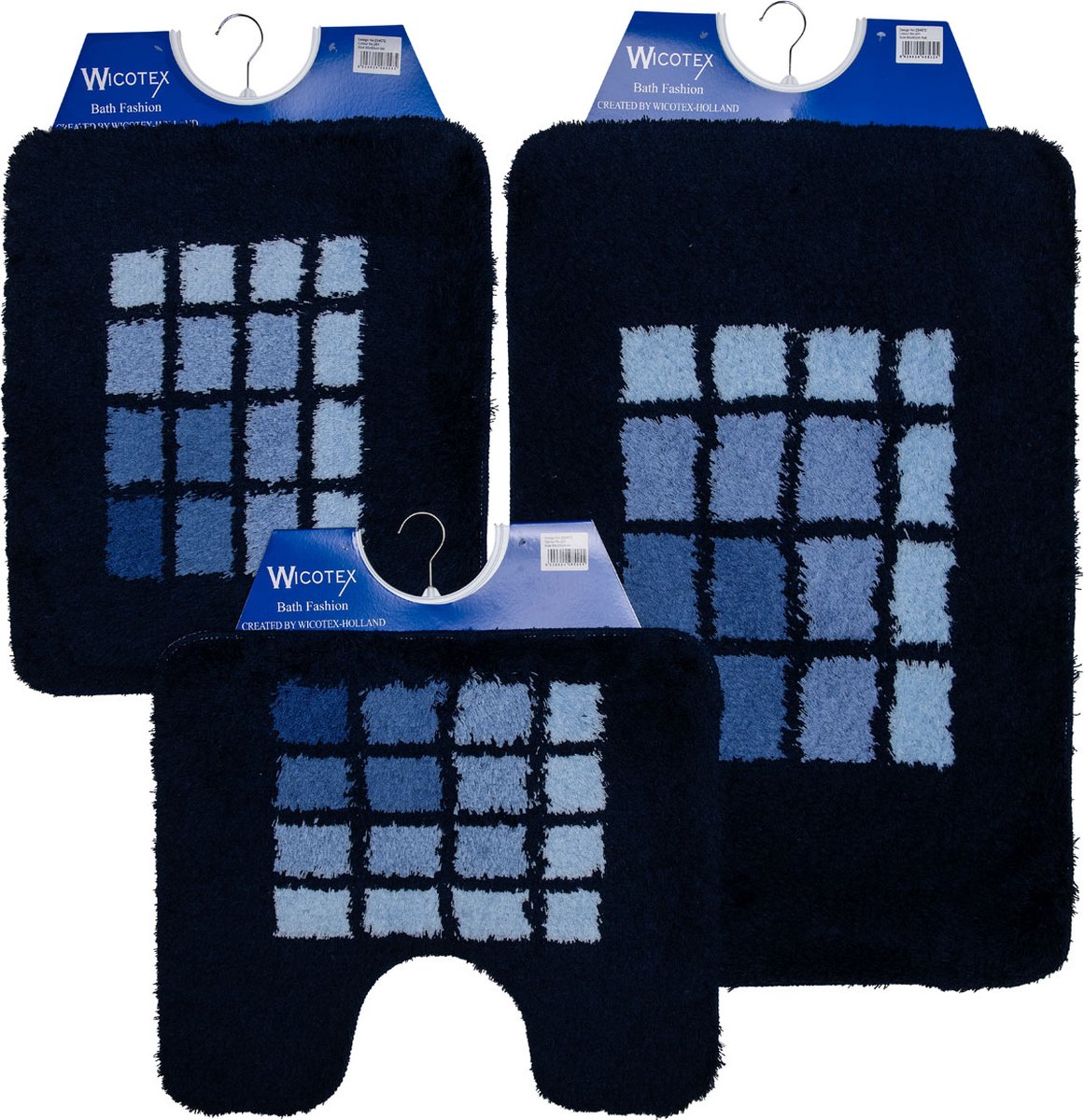 Wicotex - Badmat set - Badmat - Toiletmat - Bidetmat Blauwe rand geblokt - Antislip onderkant - WC mat met uitsparing