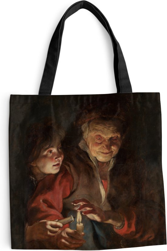 MuchoWow® Schoudertas - Strandtas - Big Shopper - Boodschappentas - Oude vrouw en jongen met kaarsen - Schilderij van Peter Paul Rubens - 40x40 cm - Katoenen tas