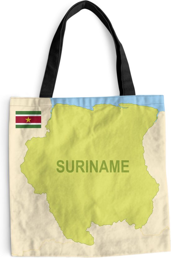 MuchoWow® Schoudertas - Strandtas - Big Shopper - Boodschappentas - De kaart van Suriname geïllustreerd met de vlag ernaast - 40x40 cm - Katoenen tas