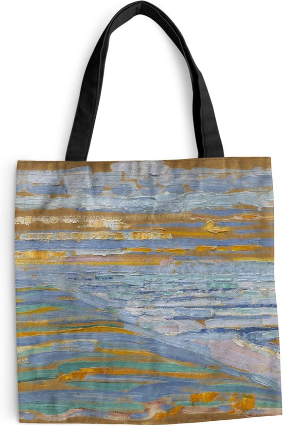 MuchoWow® Schoudertas - Strandtas - Big Shopper - Boodschappentas - Gezicht op strand en pier vanaf de duinen - Piet Mondriaan - 45x45 cm - Katoenen tas