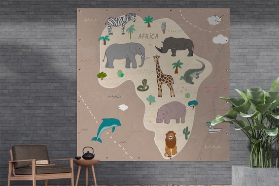Affiche de Jardin Animaux - Wereldkaart - Enfants - Afrique - Kids - Garçons - Filles - 200x200 cm - Toile de jardin - Affiche extérieure