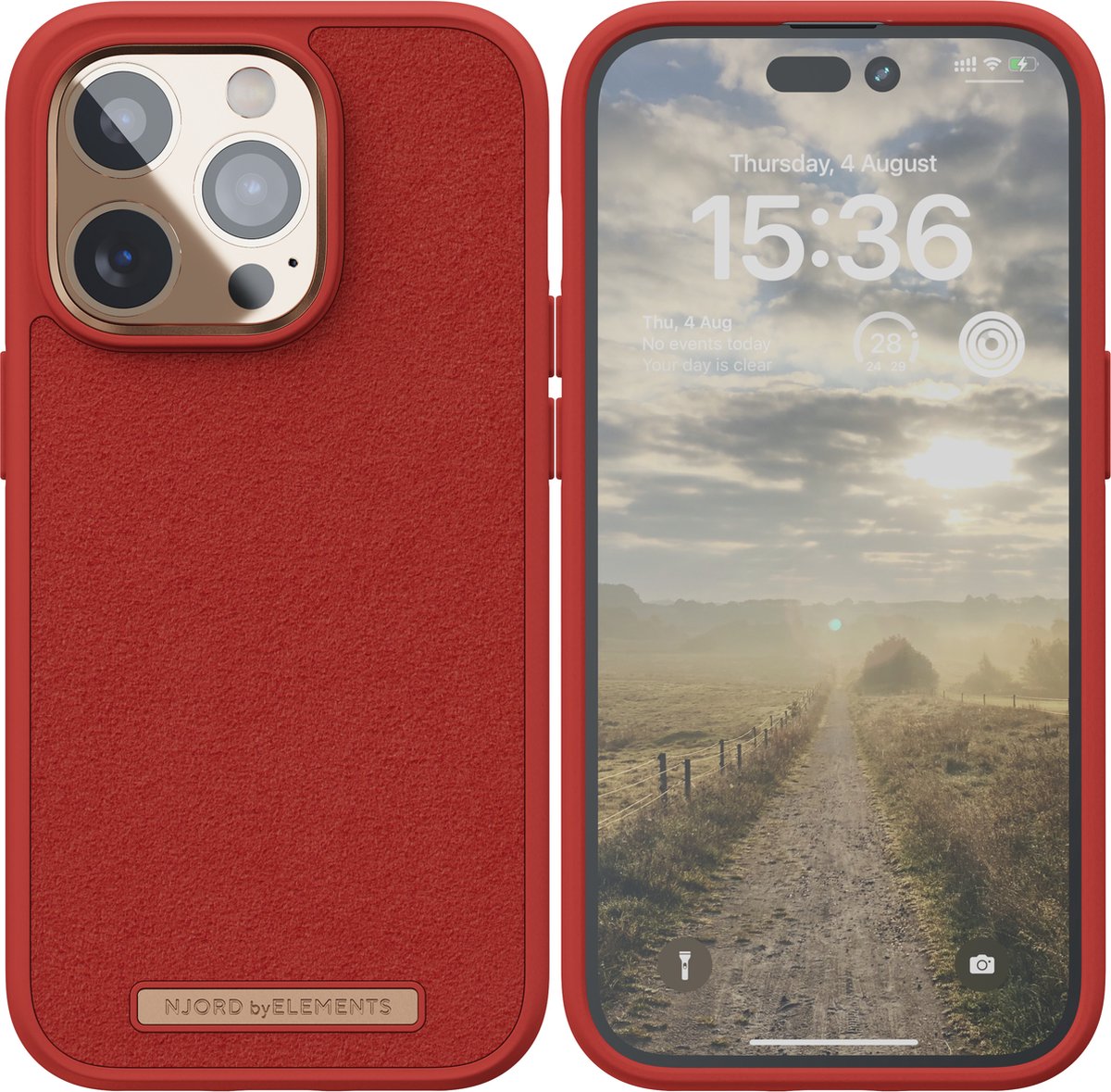 Njord byELEMENTS iPhone 14 Pro hoesje - Telefoonhoesje van Hoogwaardig Suede - Gereycled / Duurzaam materiaal - 2 Meter valbescherming - Geschikt voor Magsafe / Draadloos laden - Rood/Oranje