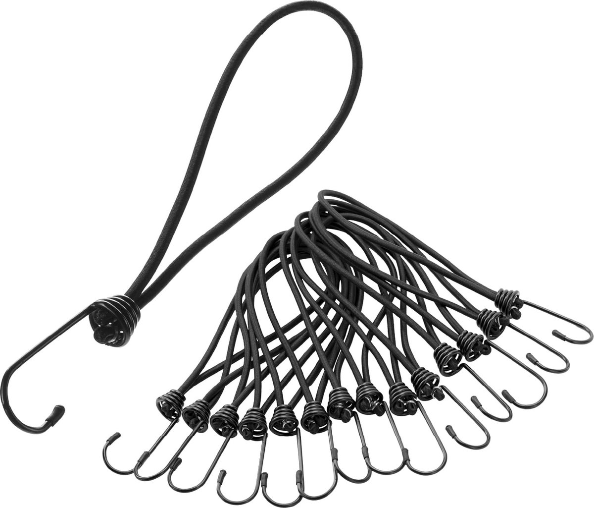PRETEX Lot de 12 tendeurs avec crochets – Lot de cordes longues en noir –  Sangles d'arrimage élastiques solides avec crochets robustes – Lot de