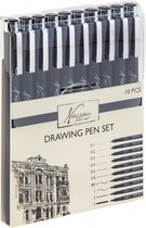 Set van 10 zwarte watervaste Nassau Fine Art pigment Fineliners | Tekenpennen voor volwassenen | 9 fineliners zwart + 1 Zwarte brush pen | Drawing pen | Schetspen - Tekenen - Tekenenpen - Kalligrafeerpen - Inktstiften