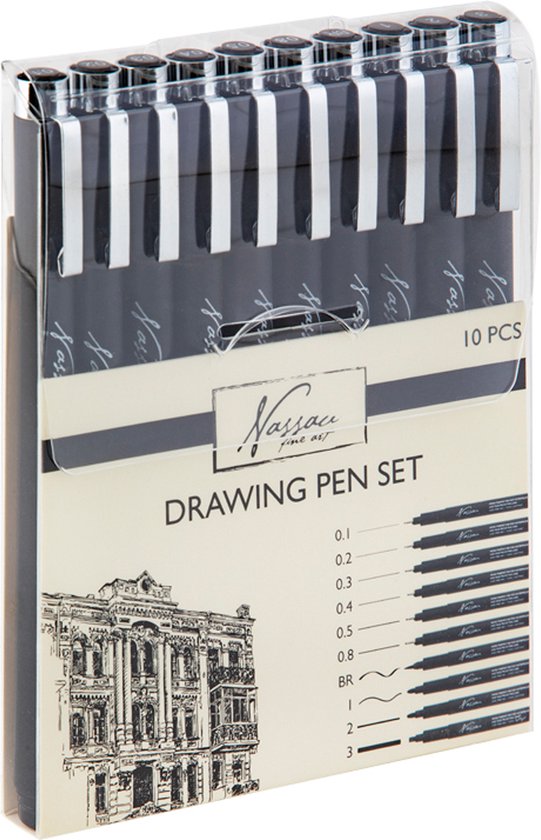 Set van 10 zwarte nassau fine art pigment fineliners | tekenpennen voor volwassenen | 9 fineliners zwart + 1 zwarte brush pen | drawing pen | schetspen - tekenen - tekenenpen - kalligrafeerpen - inktstiften