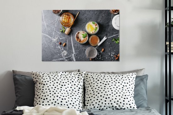 Canvas Schilderij Honing - Specerijen - Keuken - Marmer - 60x40 cm - Wanddecoratie
