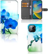 Telefoonhoesje iPhone 14 Pro Max Wallet Book Case met foto Orchidee Blauw Valentijn Cadeautje Vrouw