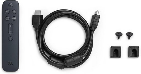 Accessoires voor de JBL soundbar: afstandsbediening, HDMI-kabel, muurbevestiging en schroeven.