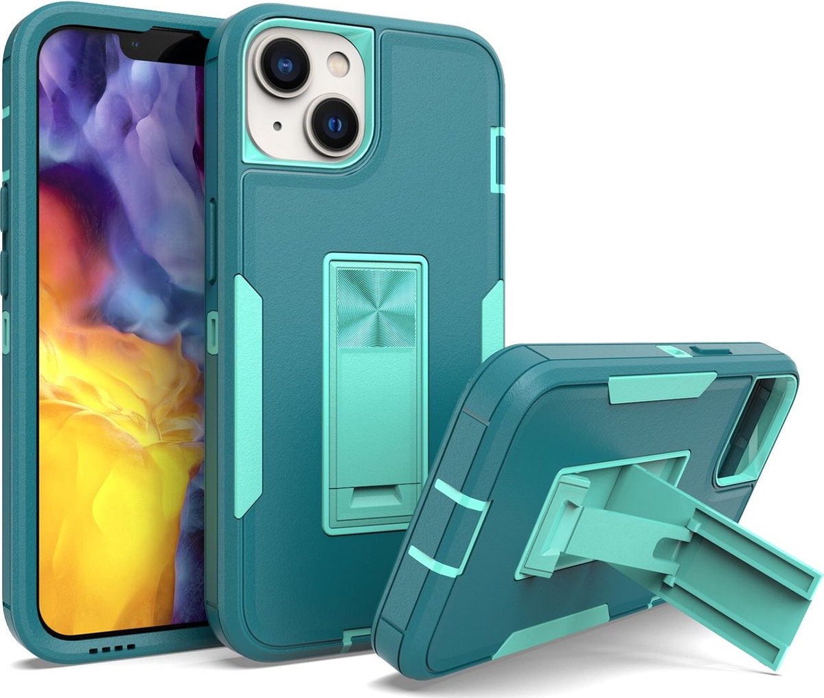 Mobigear Hoesje geschikt voor Apple iPhone 14 Plus Telefoonhoesje Hardcase | Mobigear Heavy Armor Stand Backcover Shockproof met Standaard | Schokbestendig iPhone 14 Plus Telefoonhoesje | Anti Shock Proof - Groen