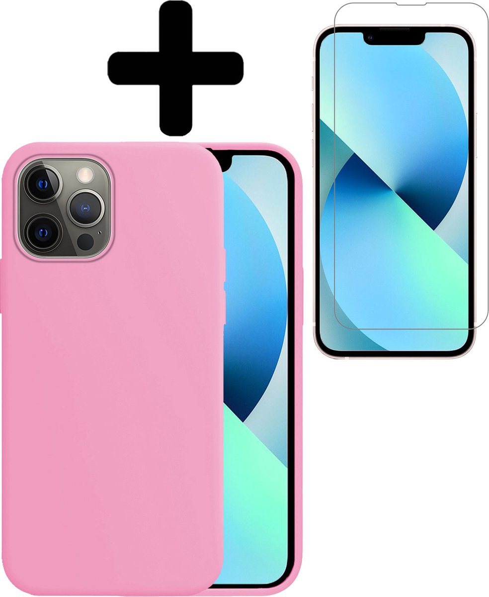 Hoesje - Met Screenprotector - Geschikt voor Apple iPhone 14 Pro Max - Sterk & Shockproof - Telefoon Hoes - Back Cover - Siliconen Case - Telefoonhoes - Lichtroze