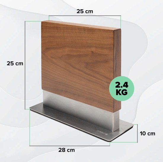 Afmetingen van het walnotenhouten messenblok: 25x25x10 cm, gewicht 2.4 kg.